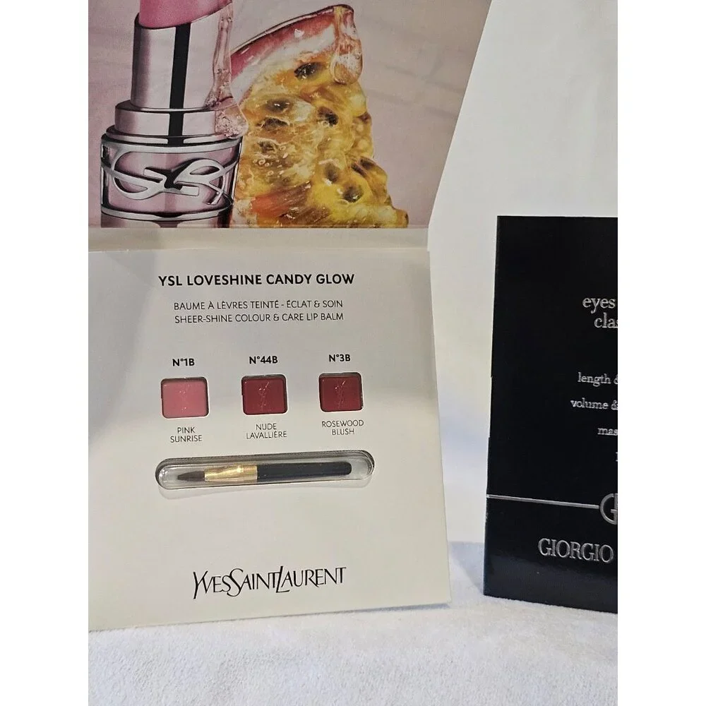 New Giorgio Armani mascara & YSL Candy glow lipstick samples in 3 shades
